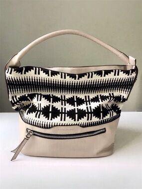David Jones Tote Purse Hobo Bag Cream & Black Textile Print & Synthetic Leather